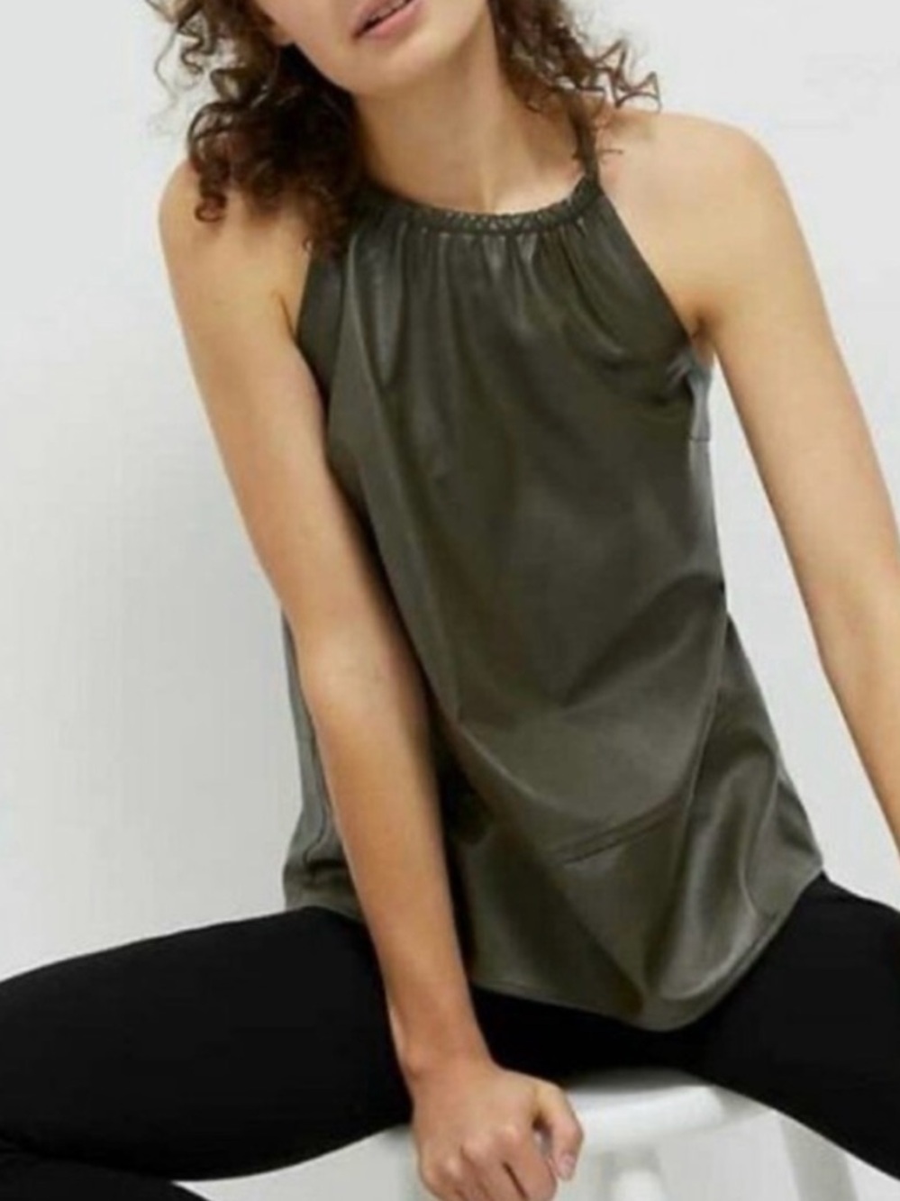 Anthropologie Sunday Mornings Safya Halter Top. Faux Leather. Olive Green